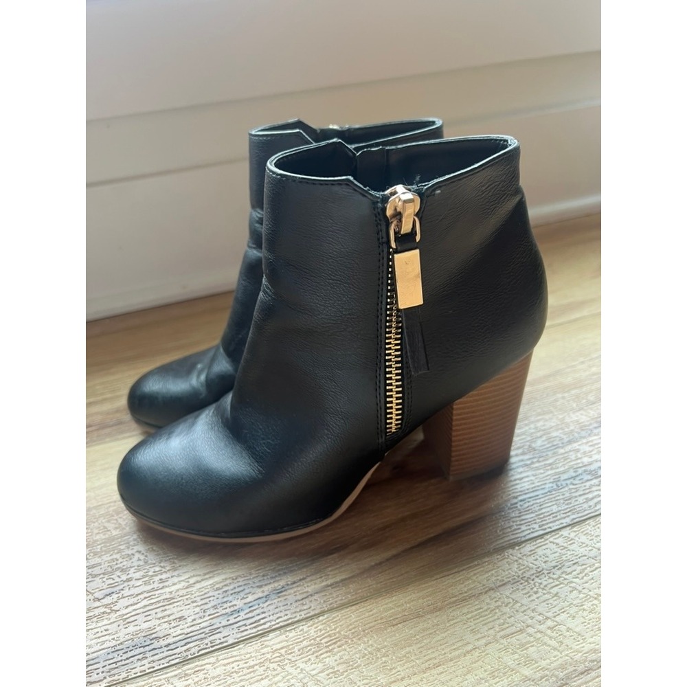 Apt. 9 Ankle Boots Wm‎ 10 Black Faux Leather Gold Zip Block Heel Booties Chic